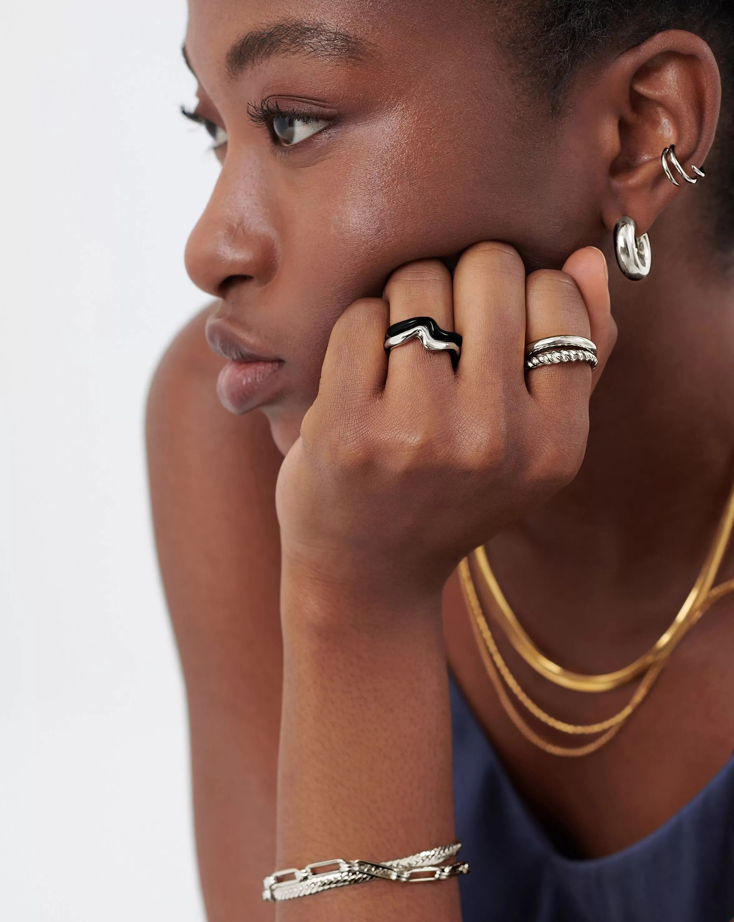 Squiggle Curve Two Tone Enamel Stacking Ring | Sterling Silver/Black