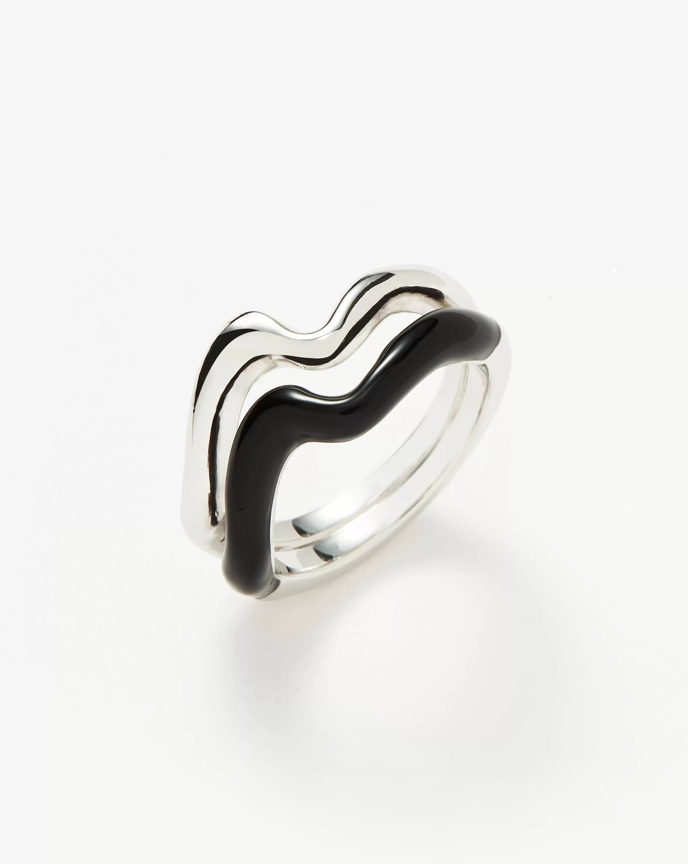 Squiggle Curve Two Tone Enamel Stacking Ring | Sterling Silver/Black