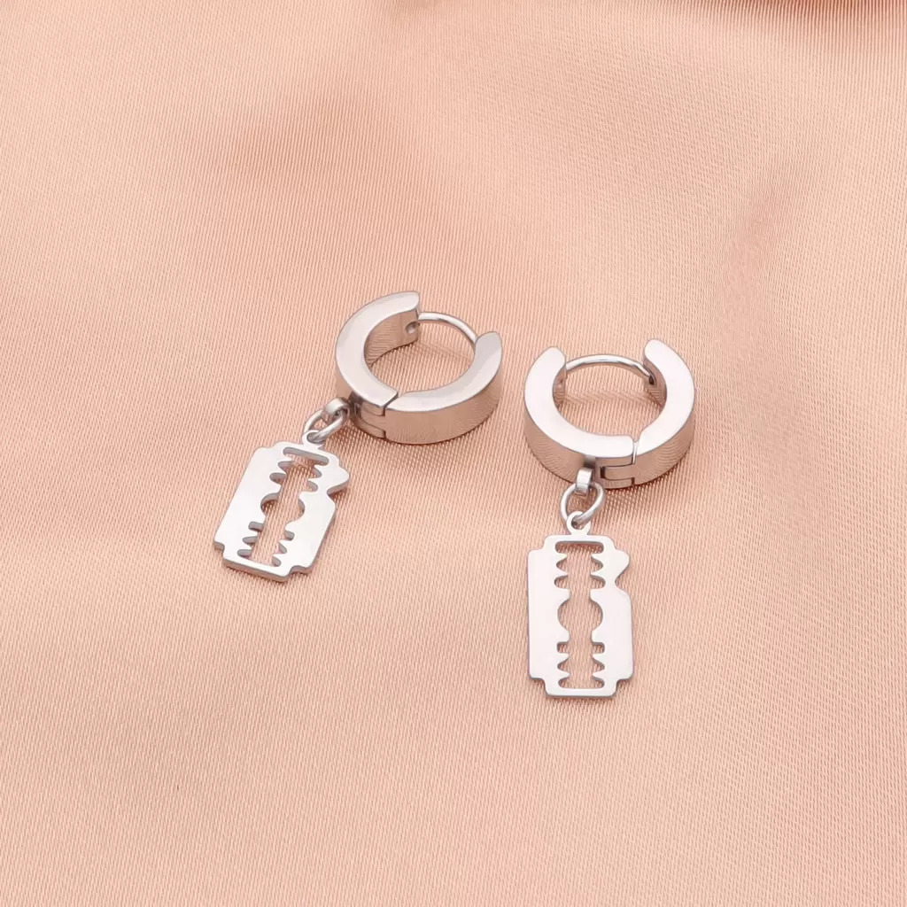 Stainless Steel Huggie Hoop Earrings with Razor Blade Charm - Silver