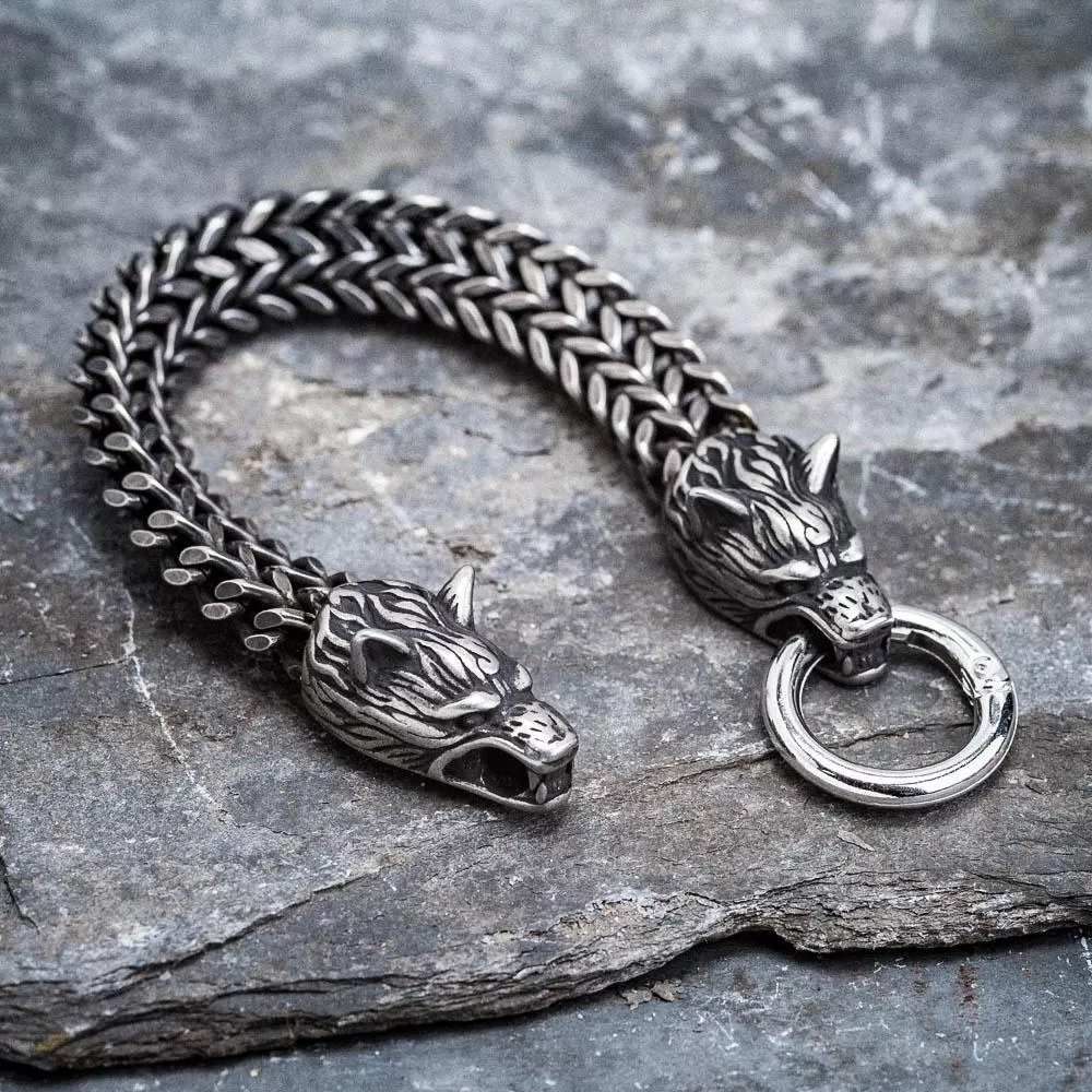 Stainless Steel Link Mesh Viking Double Wolf Bracelet