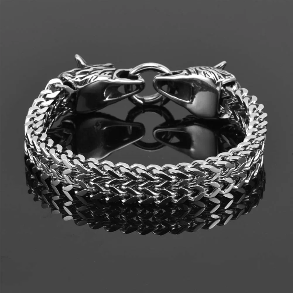 Stainless Steel Link Mesh Viking Double Wolf Bracelet