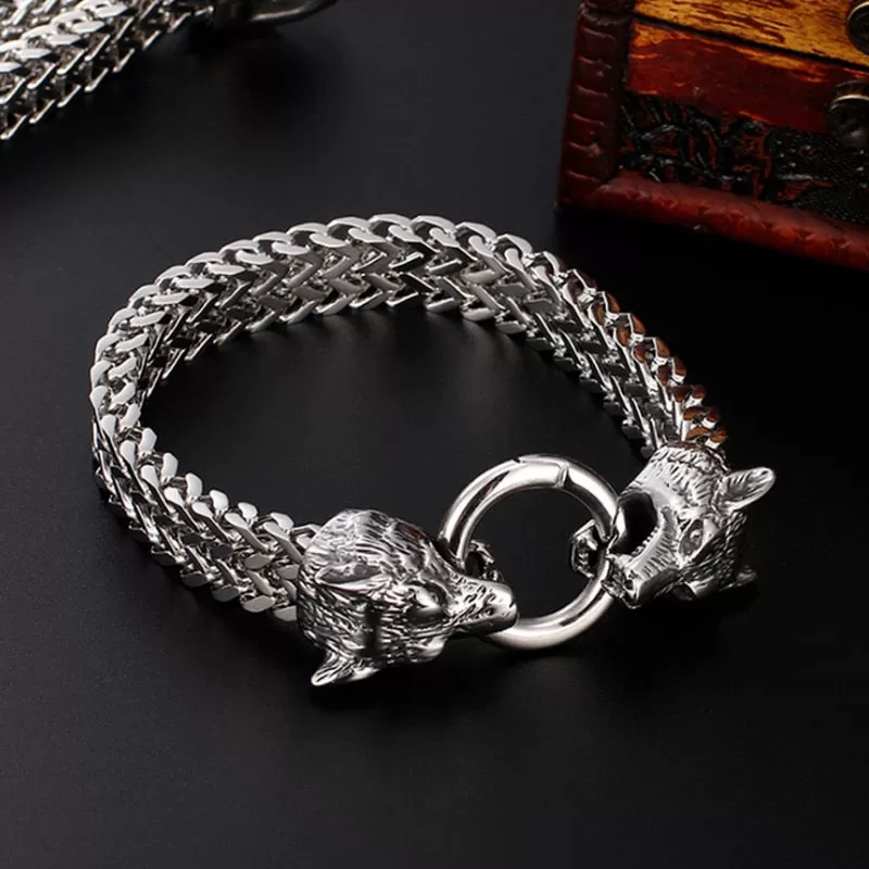 Stainless Steel Link Mesh Viking Double Wolf Bracelet