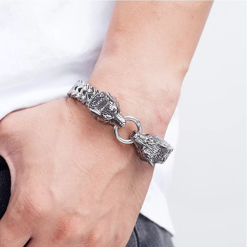 Stainless Steel Link Mesh Viking Double Wolf Bracelet