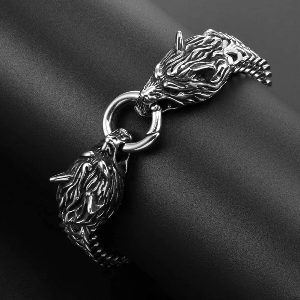 Stainless Steel Link Mesh Viking Double Wolf Bracelet