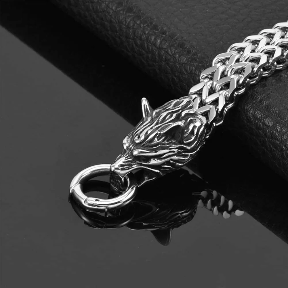 Stainless Steel Link Mesh Viking Double Wolf Bracelet