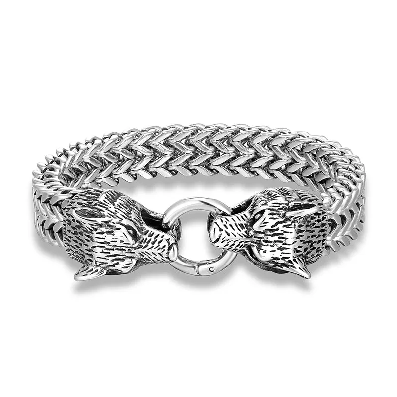 Stainless Steel Link Mesh Viking Double Wolf Bracelet