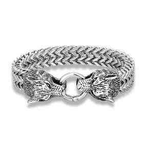 Stainless Steel Link Mesh Viking Double Wolf Bracelet