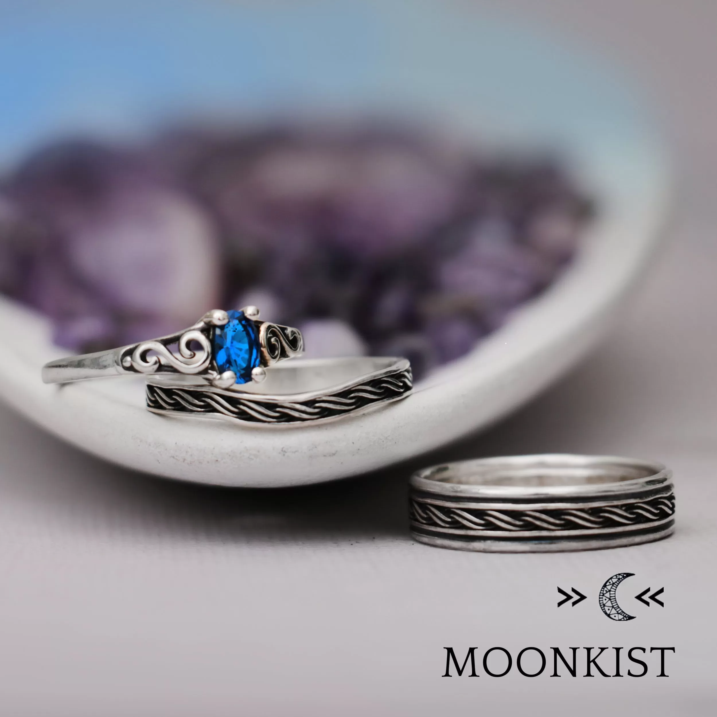 Sterling Silver Antique Style Engagement Ring Set | Moonkist Designs