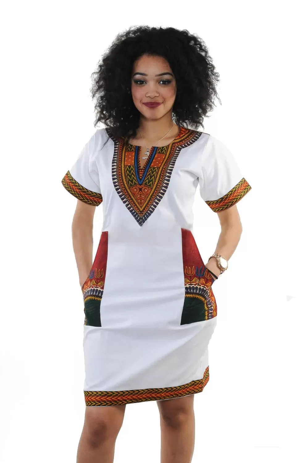 Summer Fashion: African Women's Short Sleeve V-neck Polyester Knee-length Dress