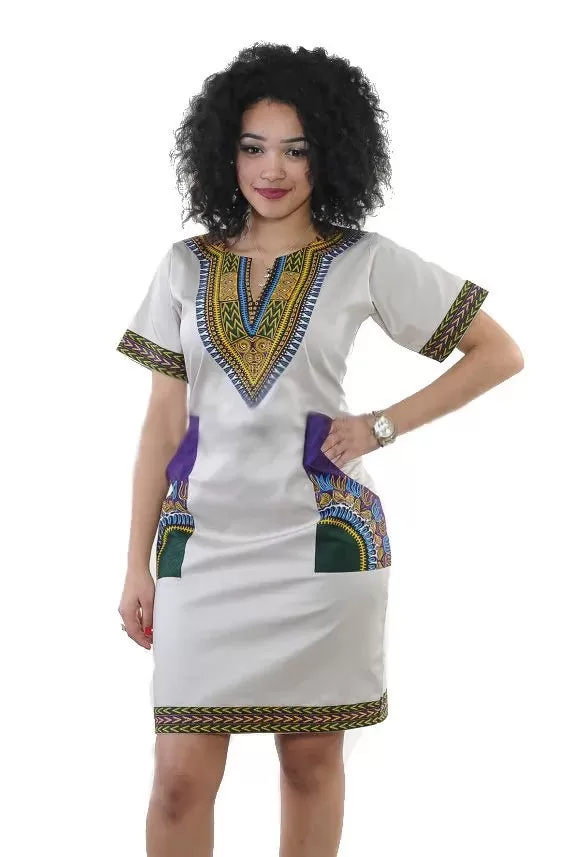 Summer Fashion: African Women's Short Sleeve V-neck Polyester Knee-length Dress