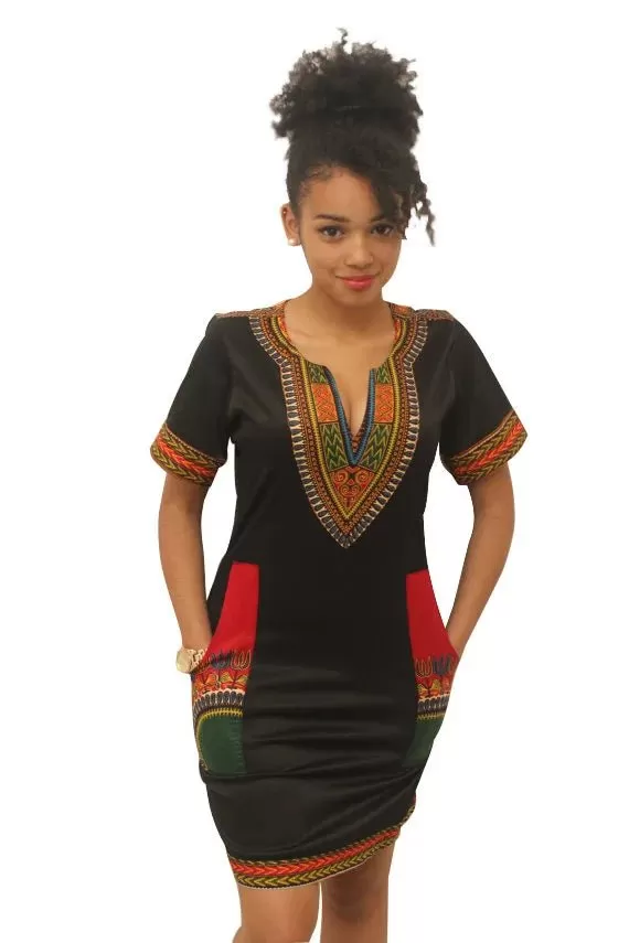 Summer Fashion: African Women's Short Sleeve V-neck Polyester Knee-length Dress