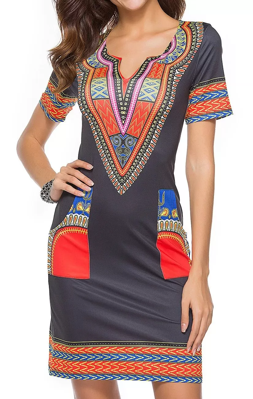 Summer Fashion: African Women's Short Sleeve V-neck Polyester Knee-length Dress