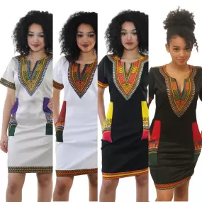 Summer Fashion: African Women's Short Sleeve V-neck Polyester Knee-length Dress