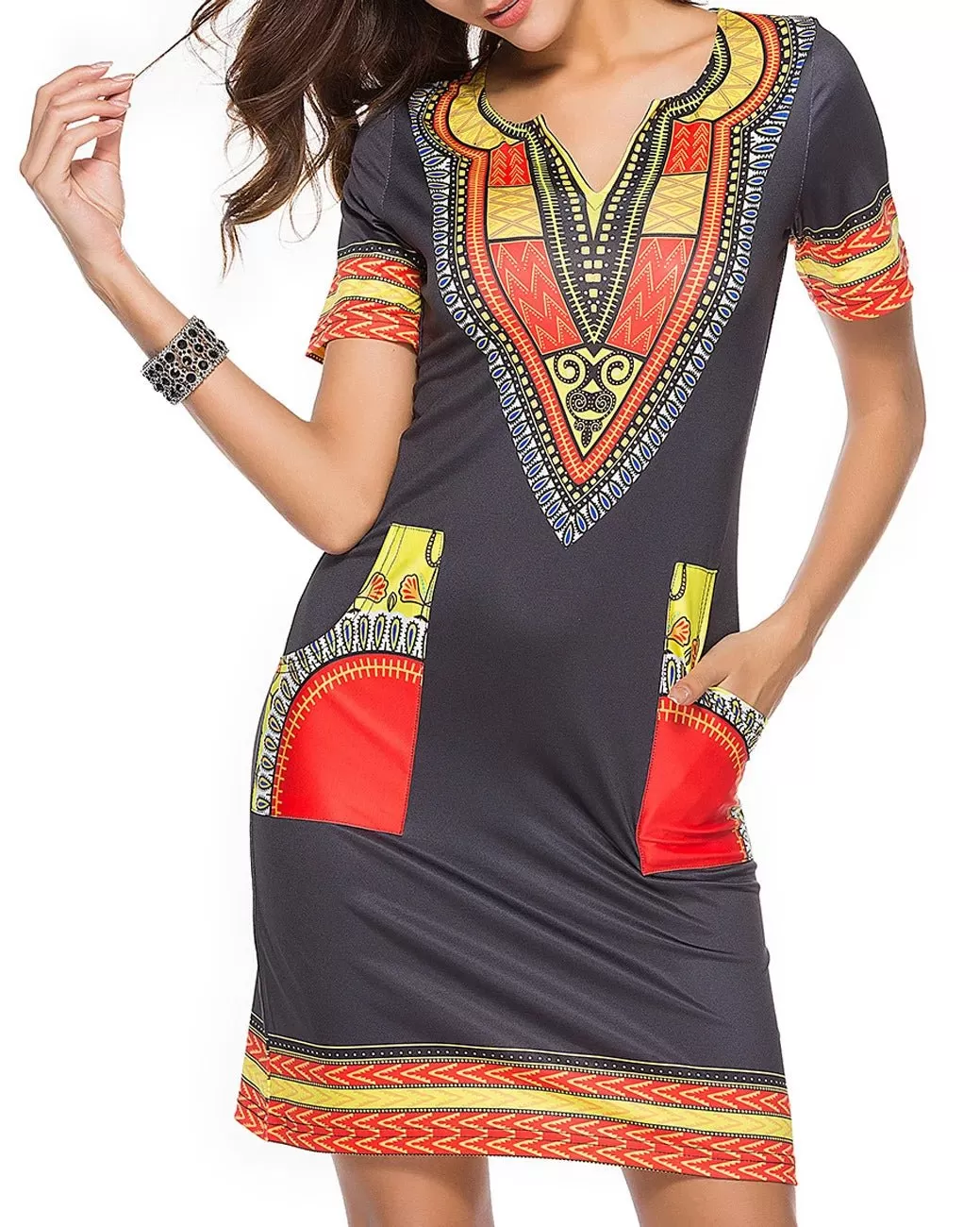 Summer Fashion: African Women's Short Sleeve V-neck Polyester Knee-length Dress