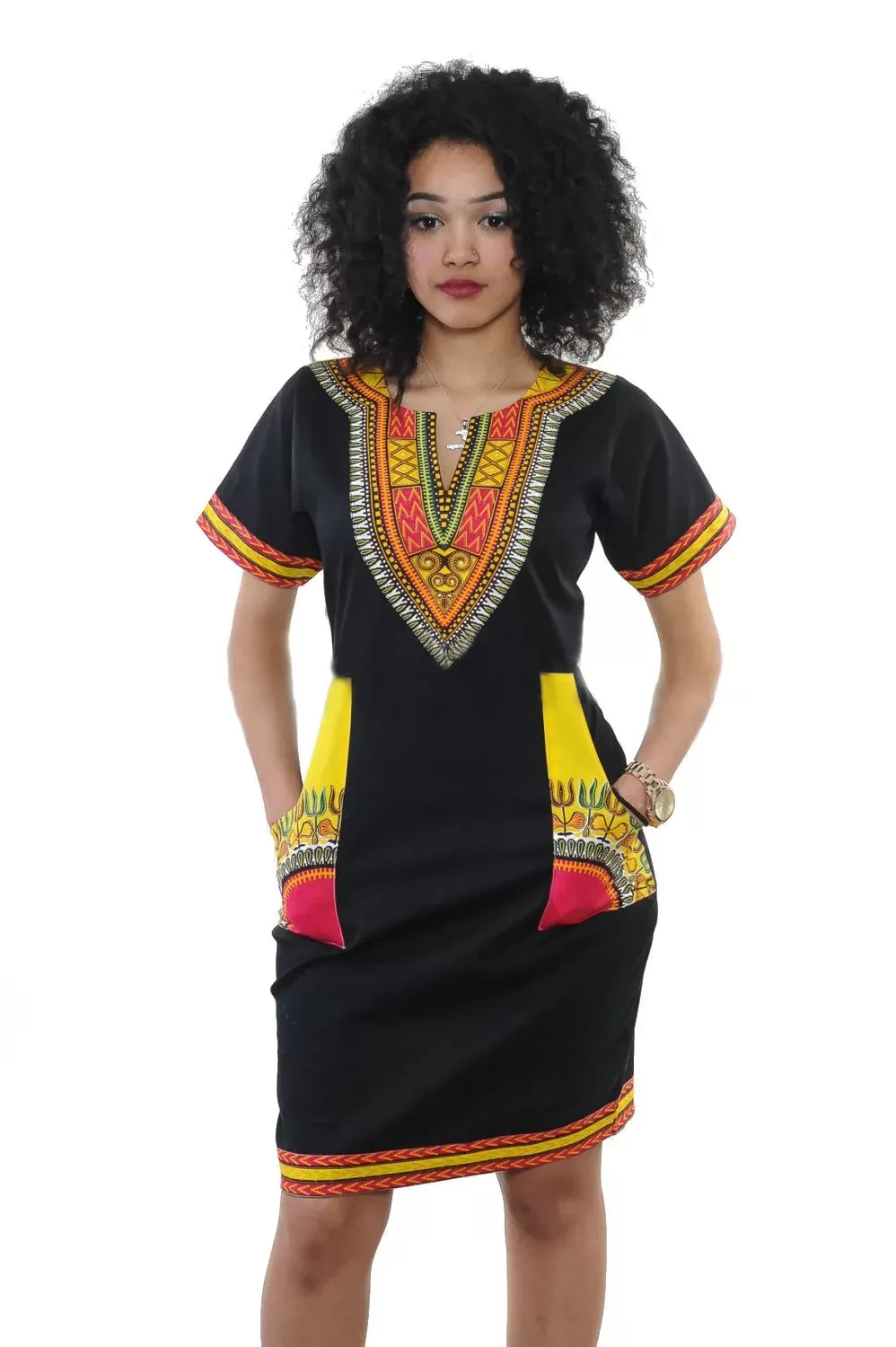 Summer Fashion: African Women's Short Sleeve V-neck Polyester Knee-length Dress