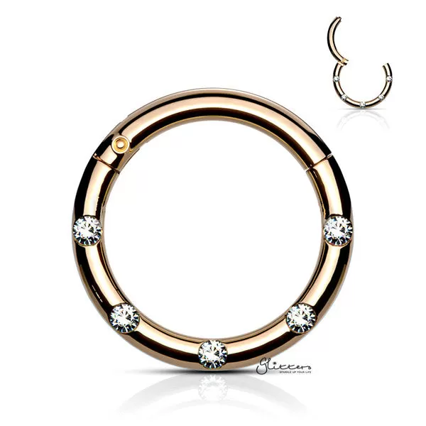 Surgical Steel Hinged Segment Hoop Ring with 5 Crystals - Rose Gold