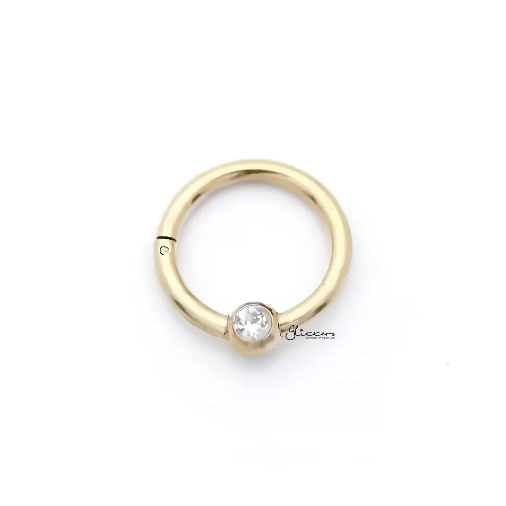 Surgical Steel Hinged Segment Hoop Ring with Clear Gem Ball - Gold