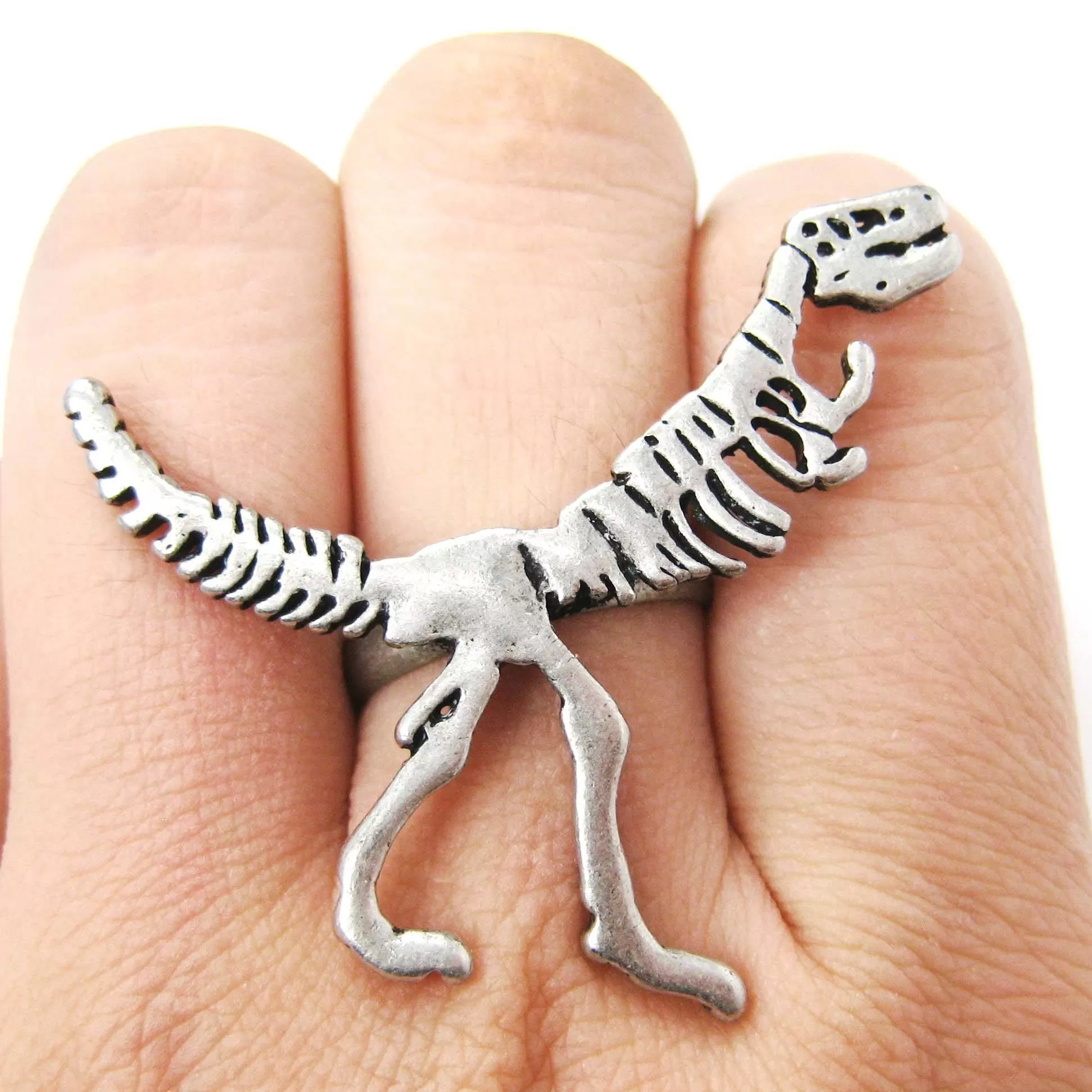 T-Rex Dinosaur Fossil Skeleton Bones Adjustable Ring in Silver