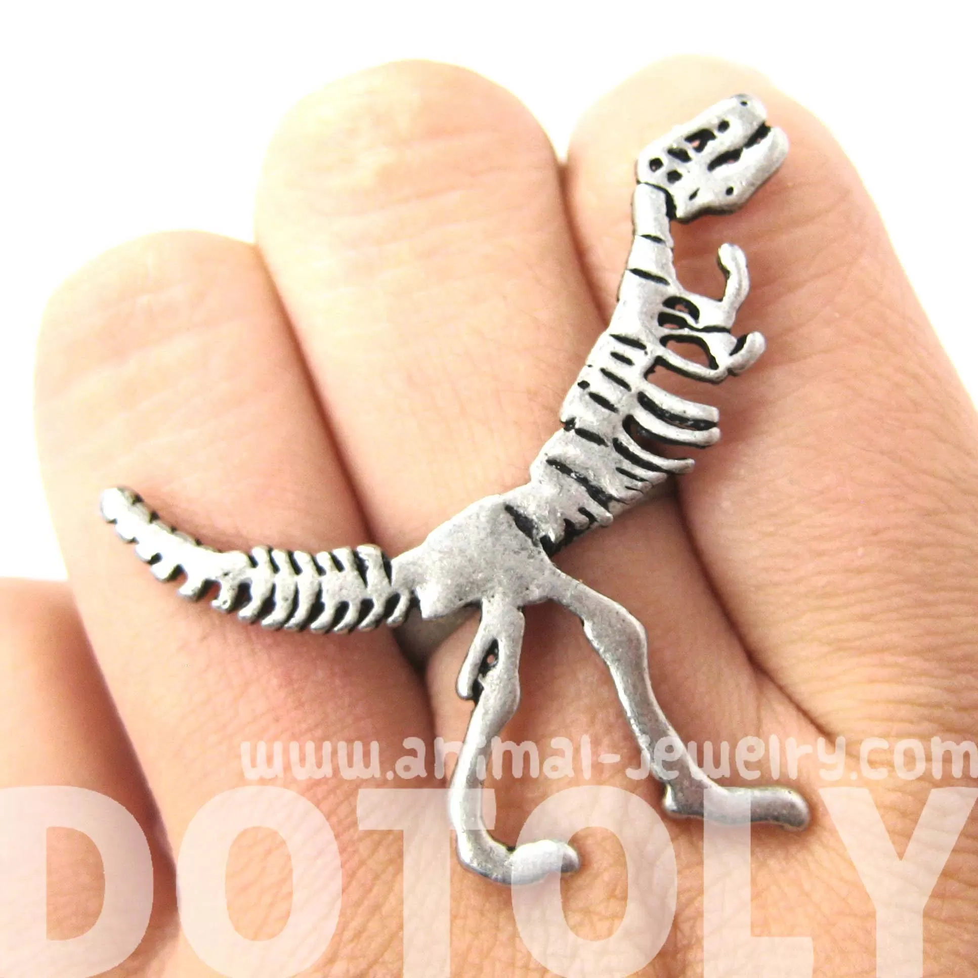 T-Rex Dinosaur Fossil Skeleton Bones Adjustable Ring in Silver