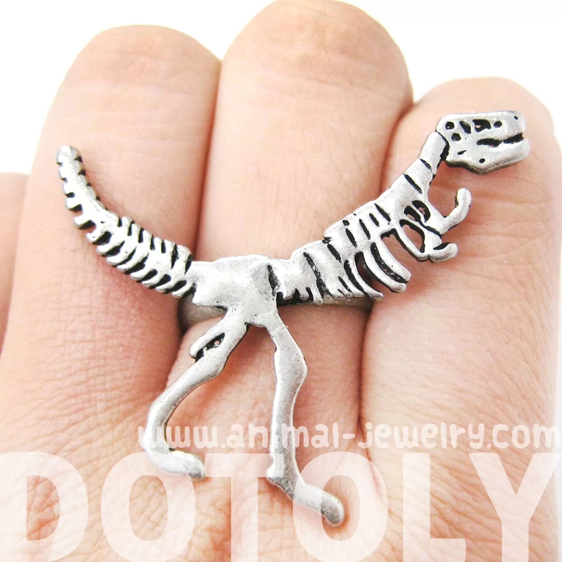 T-Rex Dinosaur Fossil Skeleton Bones Adjustable Ring in Silver