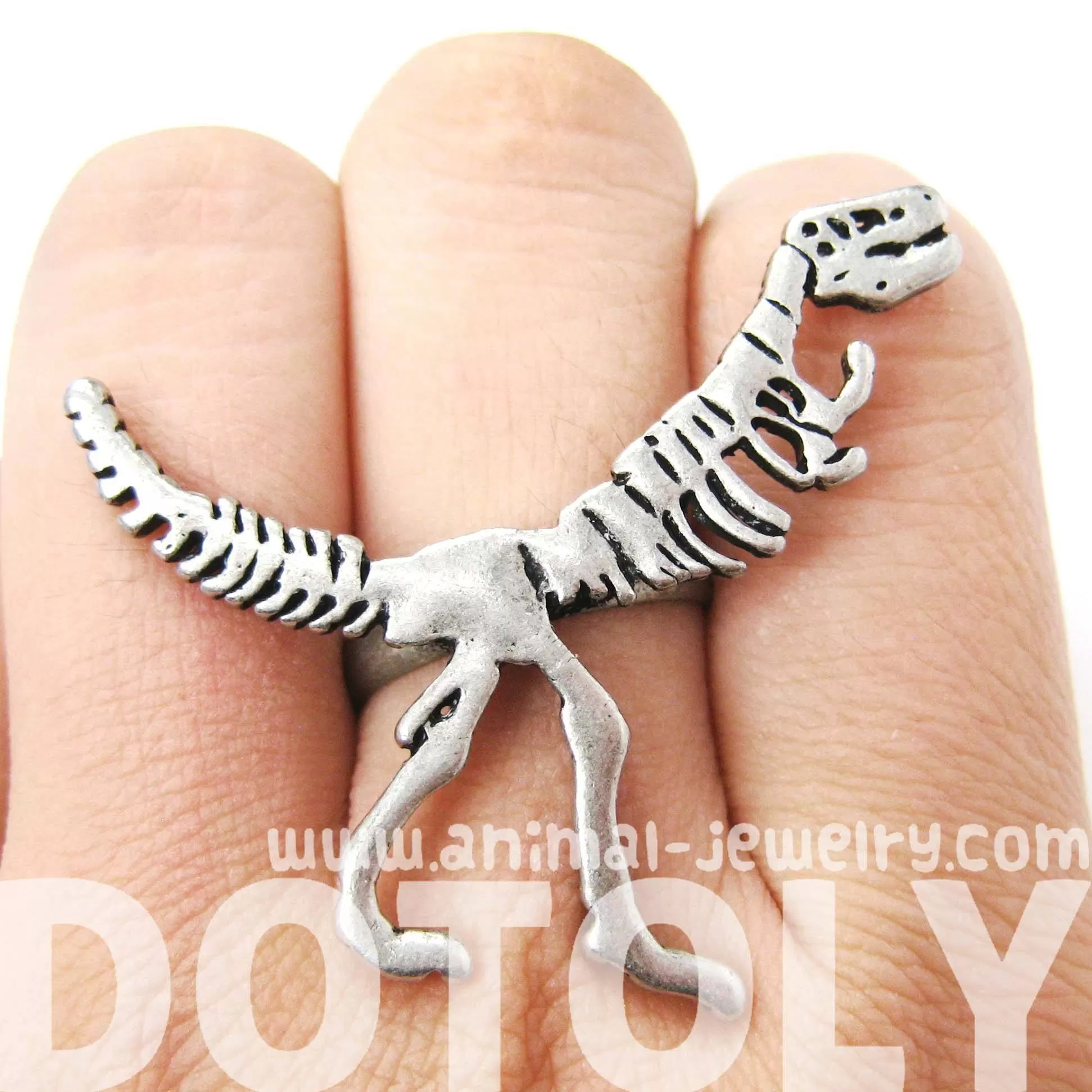 T-Rex Dinosaur Fossil Skeleton Bones Adjustable Ring in Silver