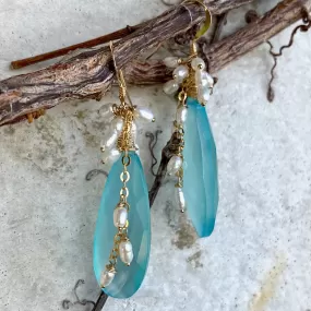 Teardrop Sky Blue Chalcedony Cluster Earrings, Fresh Water Pearls & Gold Filled Ear Wires