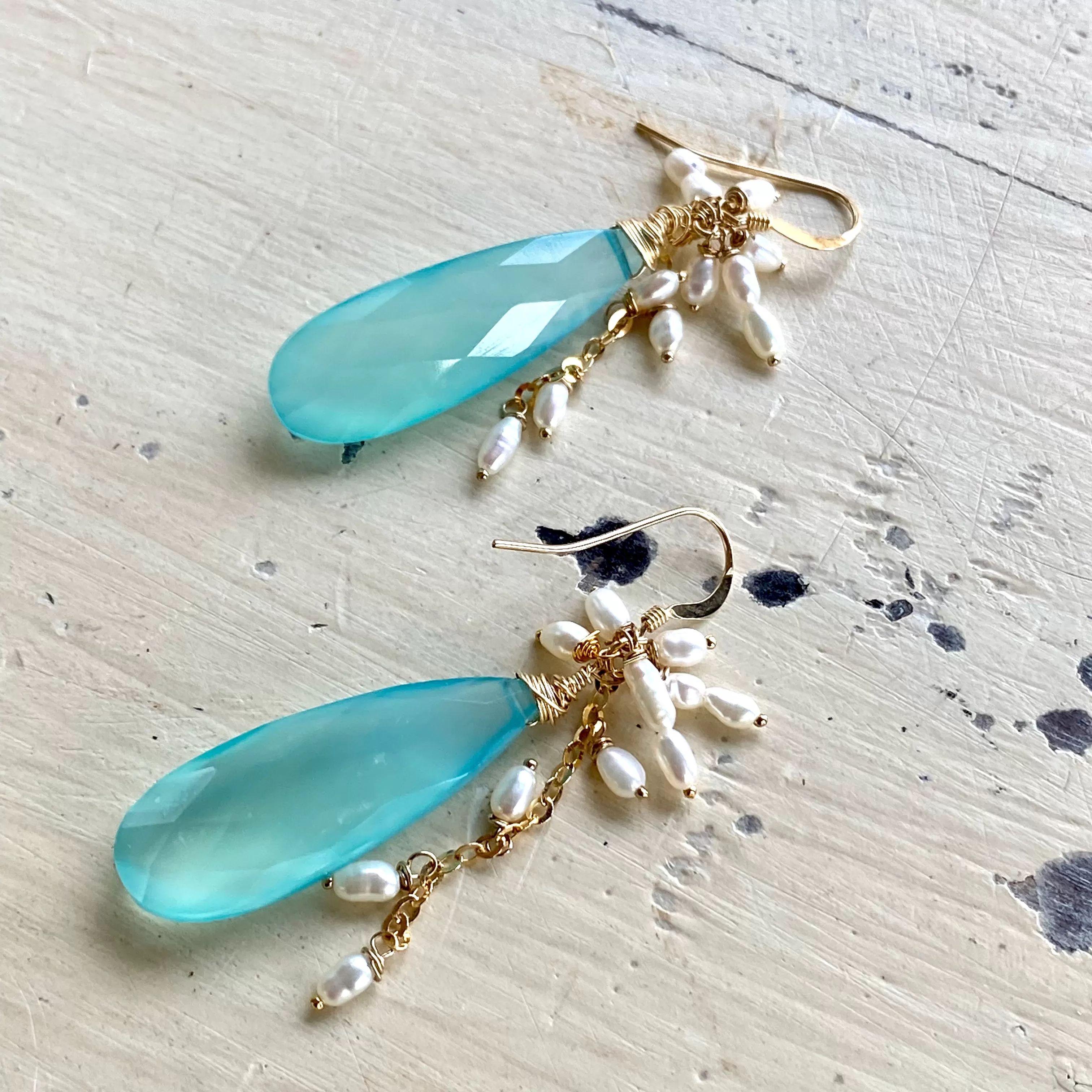 Teardrop Sky Blue Chalcedony Cluster Earrings, Fresh Water Pearls & Gold Filled Ear Wires