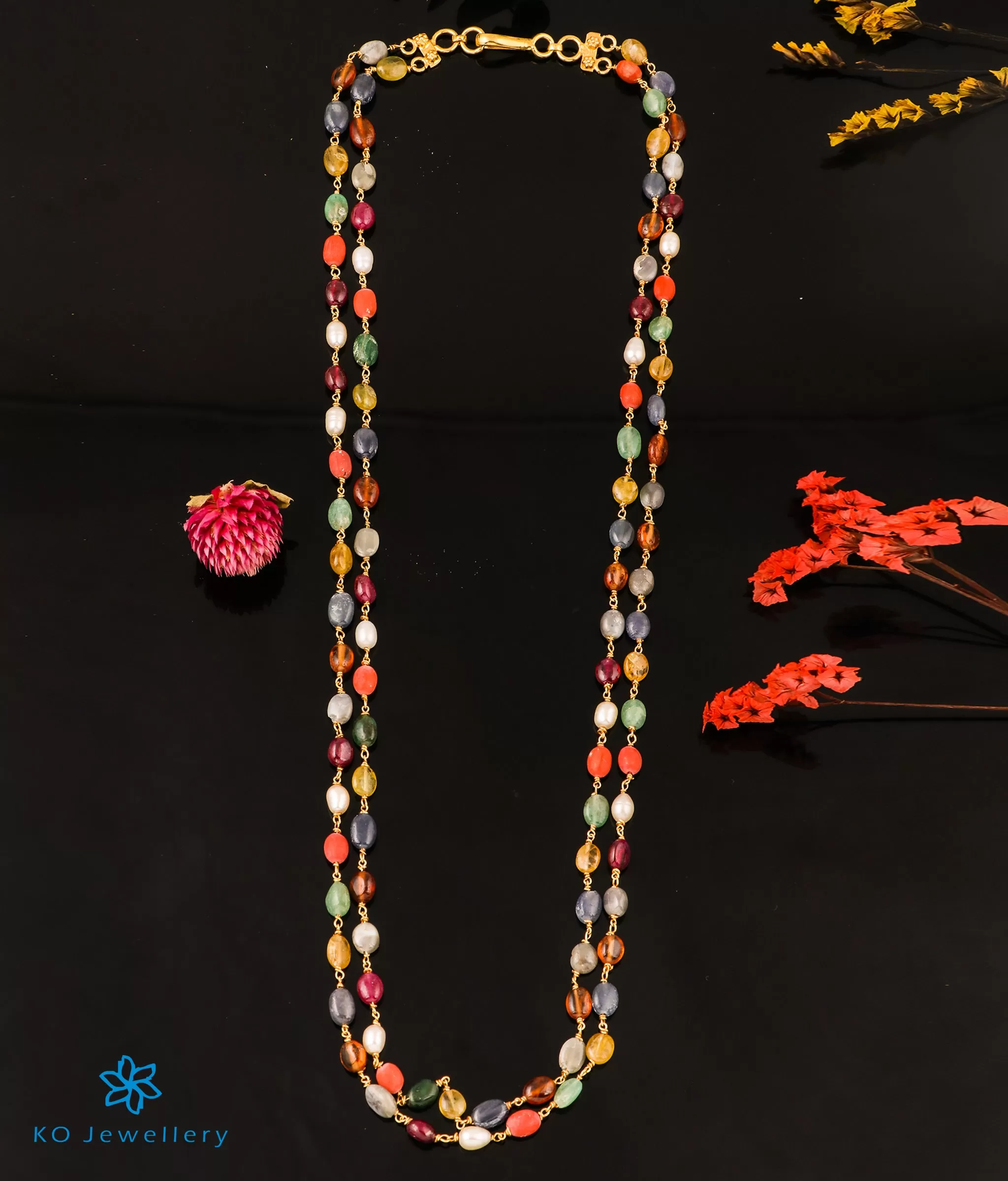 The Vividh Navaratna Silver Chain in 2 layers