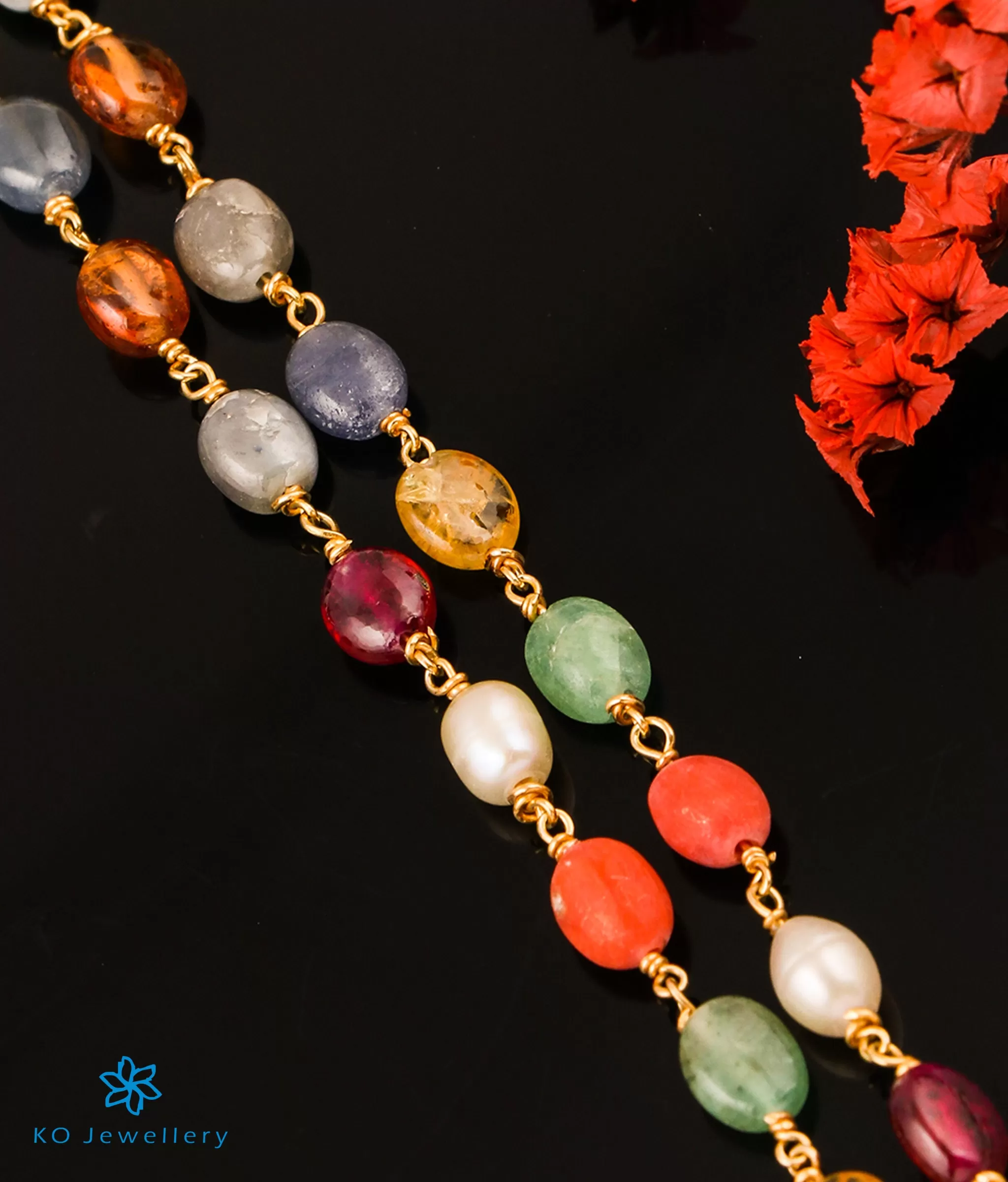 The Vividh Navaratna Silver Chain in 2 layers