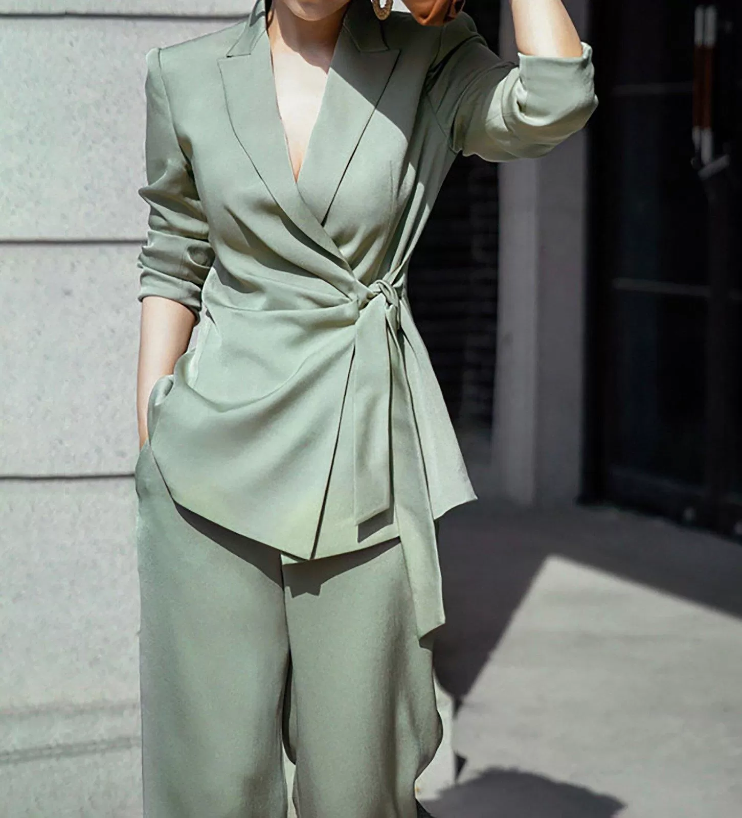 Women 2 piece Sets,Women's Long Sleeve Shirt Pants,Blouses & Crop Wide Leg pants,Top Shirt Sets,Green Blouses Pants Sets,Office lady wear