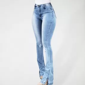 Women Jeans - High Waist Slit Flared Jeans