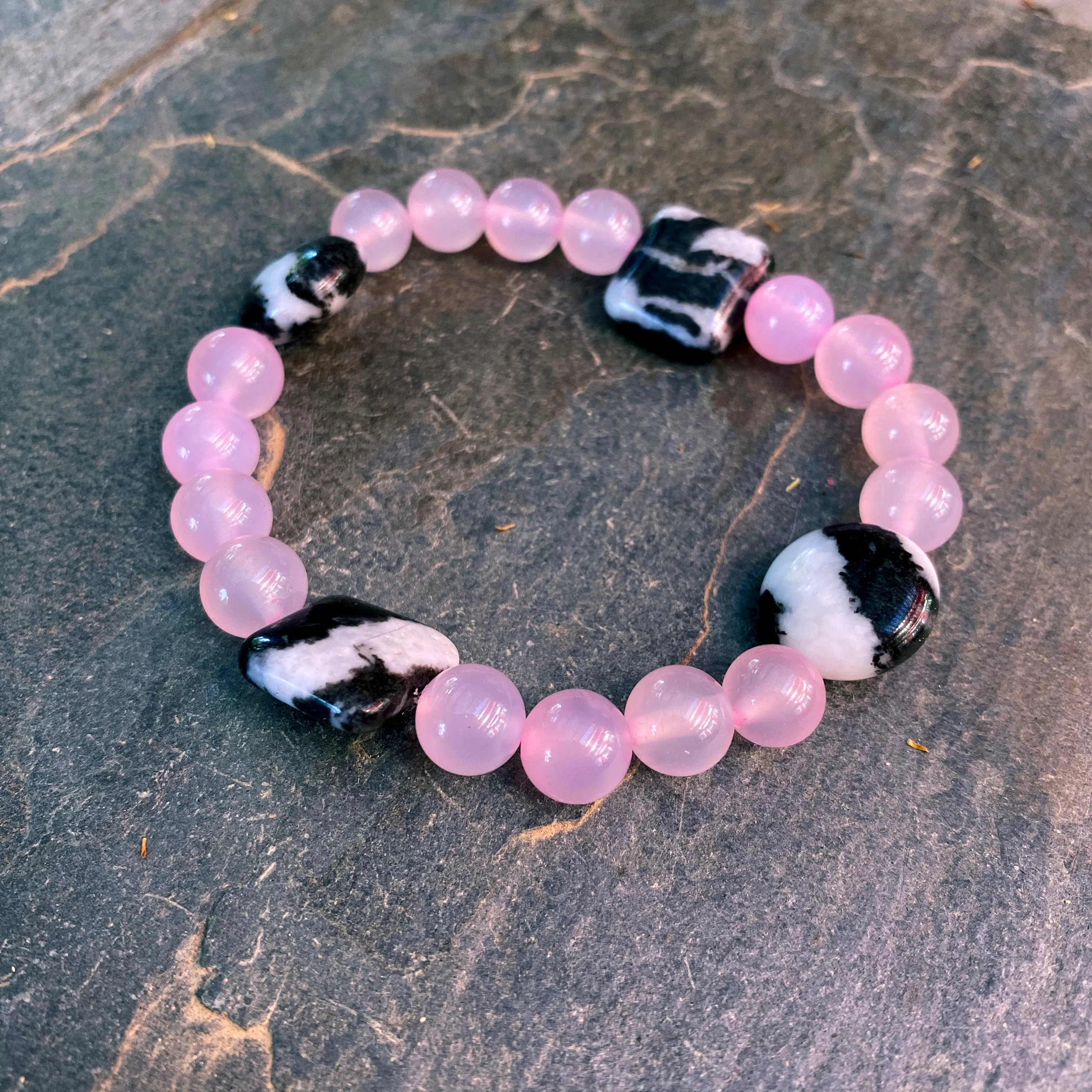 Women's Pink Agate and Zebra Jasper Gemstone bracelet