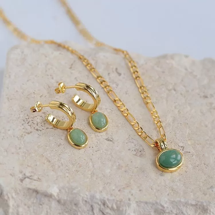 Women's Stylish Retro Green Aventurine Quartz Earrings Necklace Sets LJ46