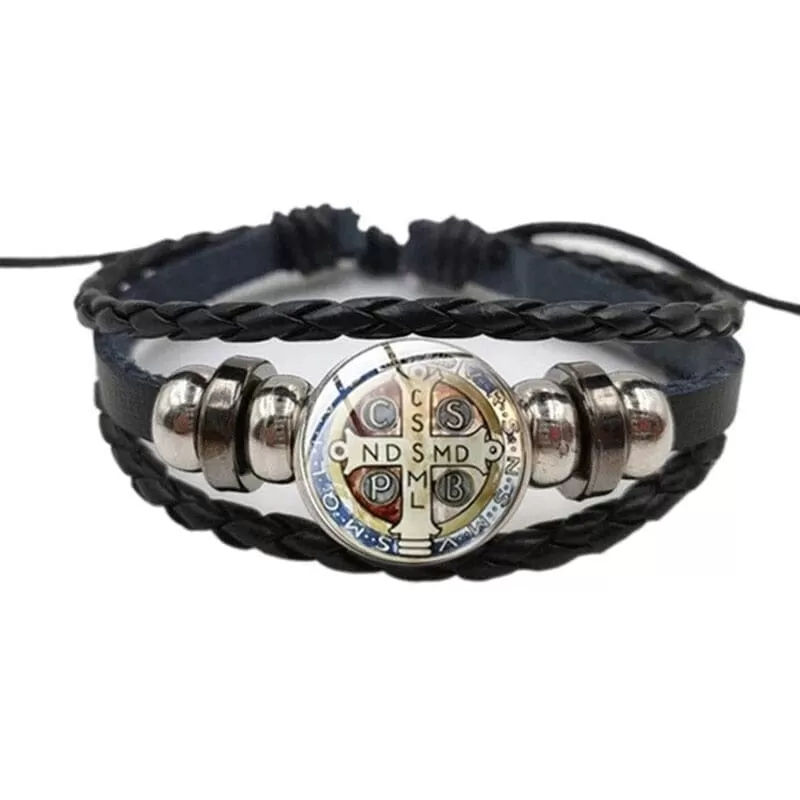 WWJD Saint Benedict Leather Bracelet