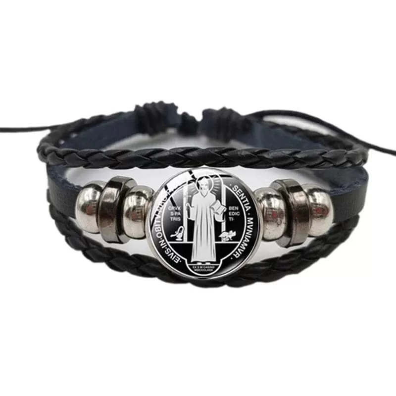 WWJD Saint Benedict Leather Bracelet