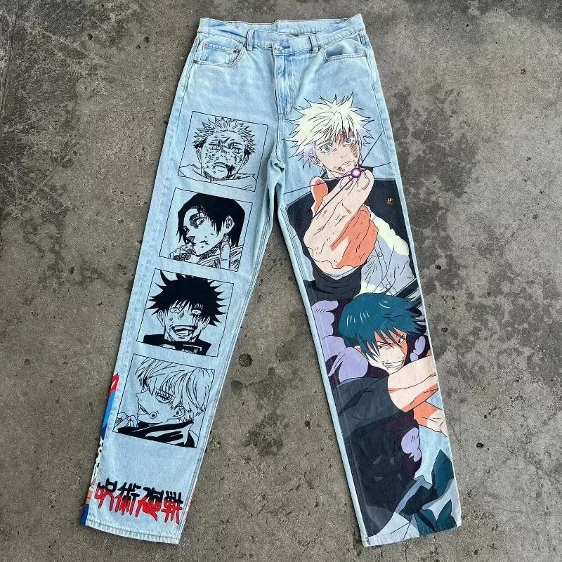 Y2K Hip Hop jeans Harajuku Anime print pattern jeans streetwear men women high waisted biggest ropa aesthetic wide leg trousers