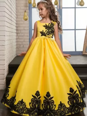 Yellow Princess Flower Girl Dresses Black Lace Applique Kids Pageant Dresses